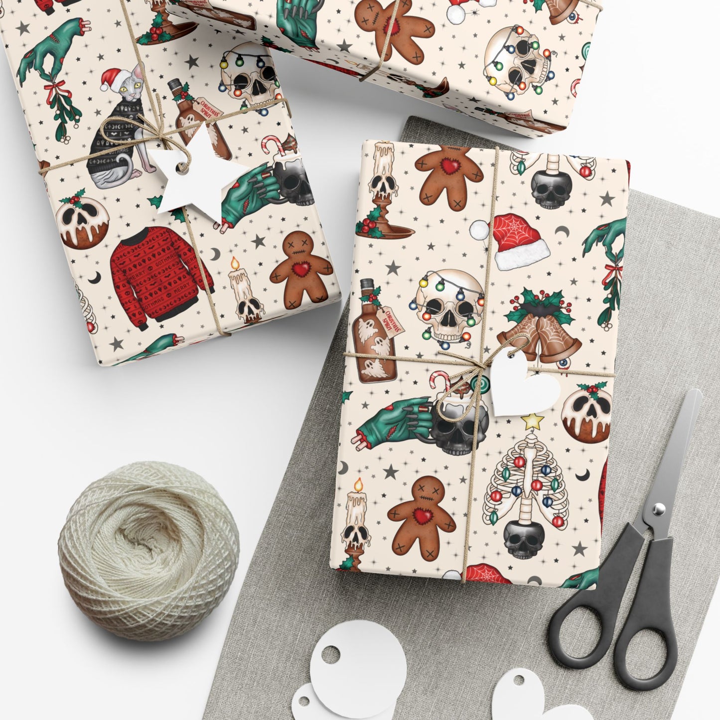 Goth Christmas Kitsch Skulls, Cats & Zombie Hands Multicolor Eco-Friendly Gift Wrap Paper