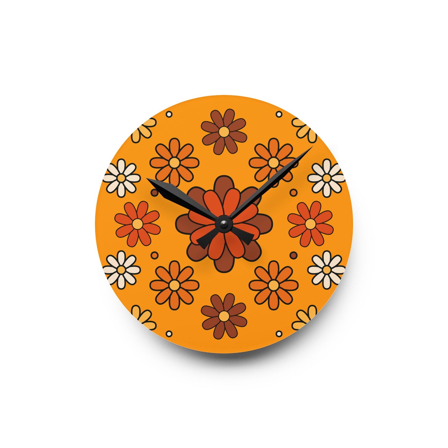 Retro 60s 70s Groovy Mod Daisy Floral Mid Century Orange & Brown Acrylic Wall Clock