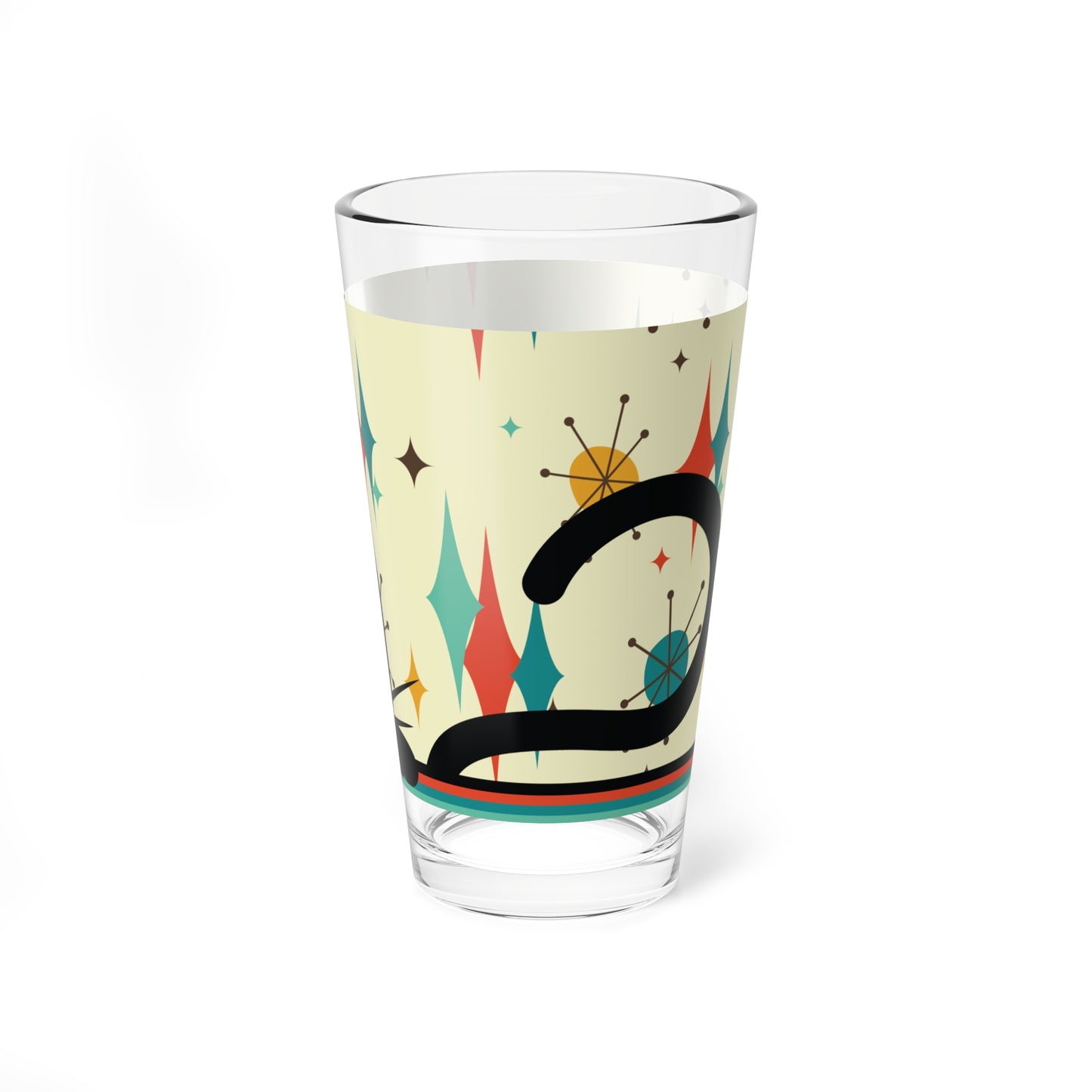 Retro 50s Atomic Black Cat, Diamonds and Bursts Mid Century Mod Multicolor Pint Glass