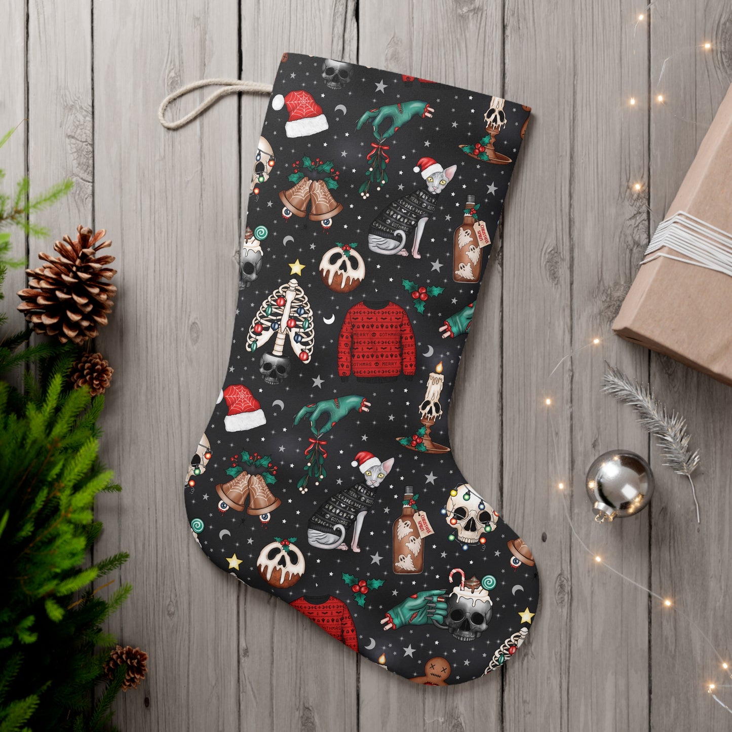 Kitschy Kawaii Goth Christmas, Creepy Cute Whimsigoth Black Creepmas Holiday Stocking