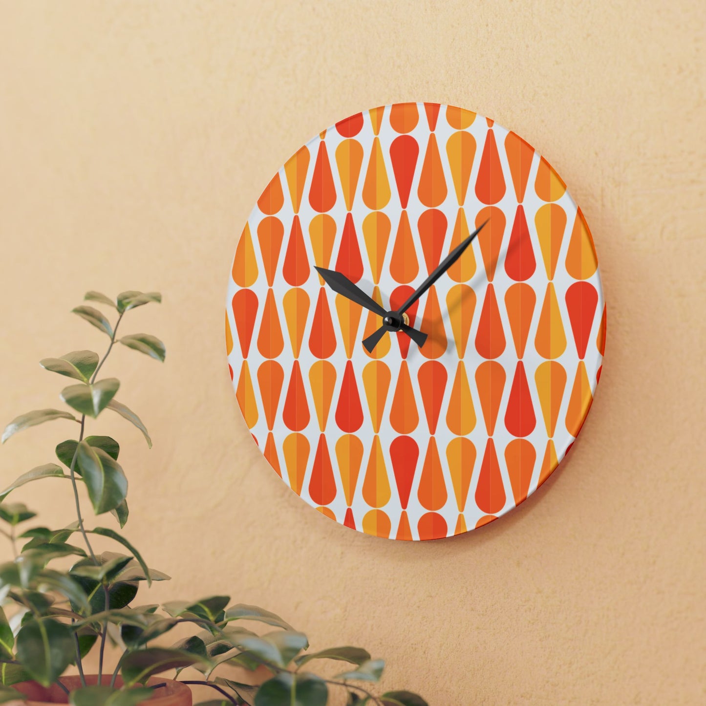 Retro 60s 70s Mid Century Modern Geometric Orange and Yellow Acrylic Wall Clock