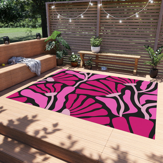 Groovy Abstract Pink Minimalist Retro Mod Flowers Indoor/Outdoor Accent Rug