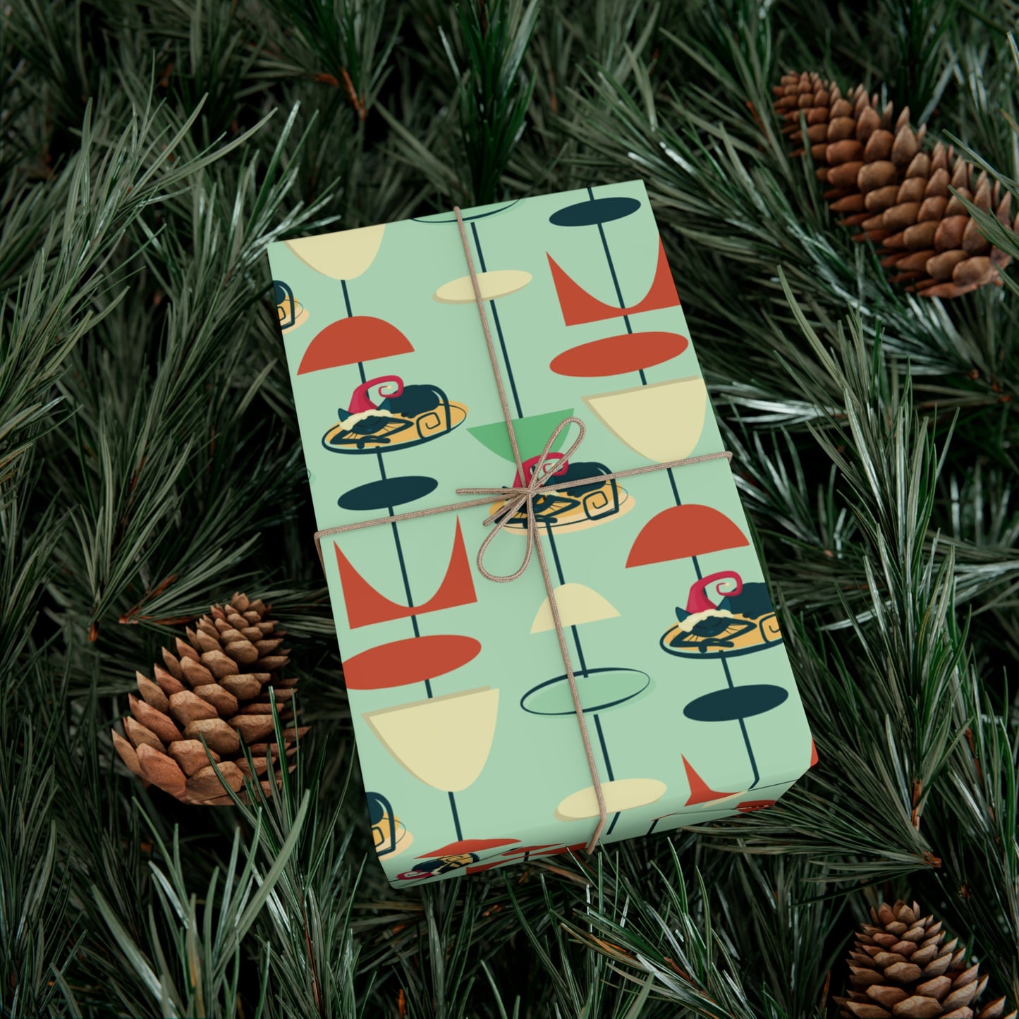 Retro 50's Atomic Cat Christmas Kitschy Mid Century Modern Green Eco-Friendly Wrapping Paper