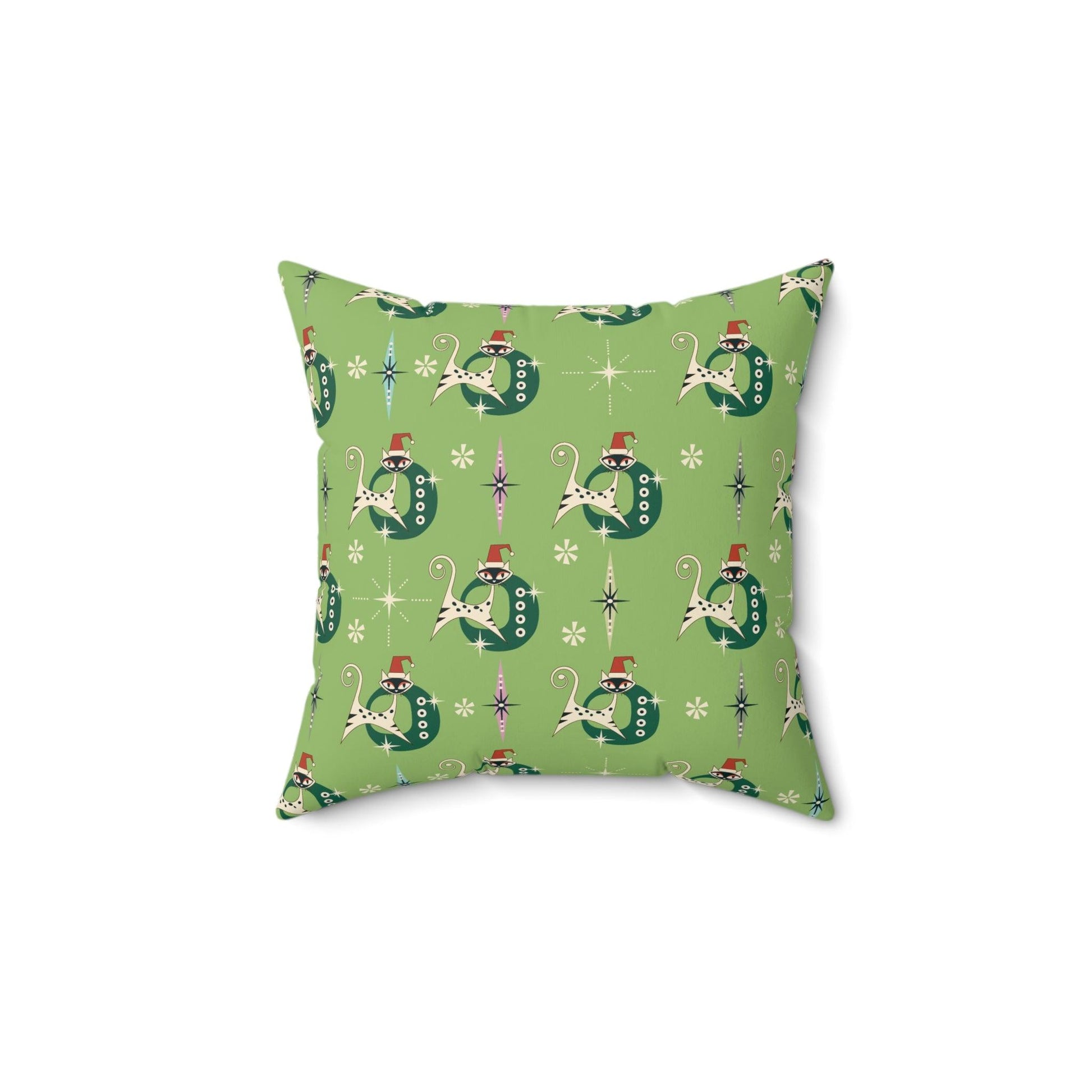 Retro 50s Kitsch Atomic Cats Mid Century Mod Light Green Christmas Throw Pillow | lovevisionkarma.com
