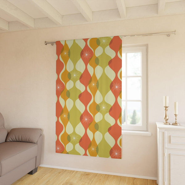 Mid Century Modern Wavy Abstract Orange, Green & Yellow Blackout Window Curtain