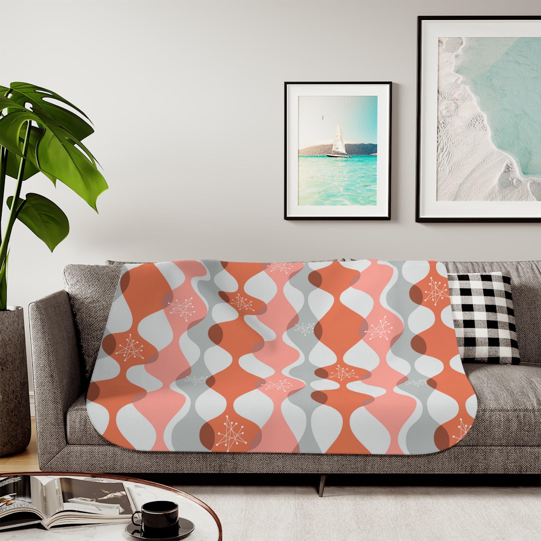 Retro 60s Mid Century Mod Groovy Abstract Wavy Pink Sherpa Blanket