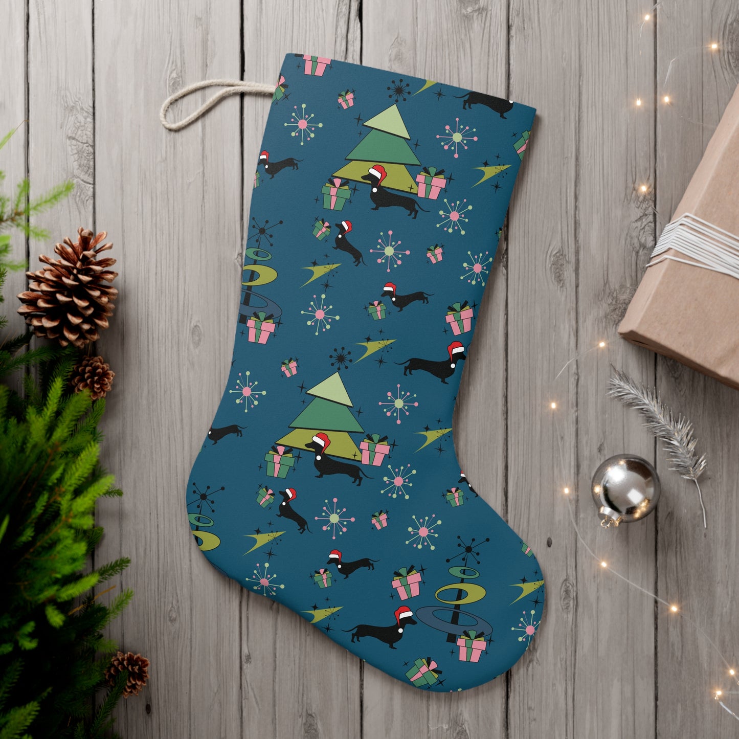 Retro 50's Atomic Dachshund Wiener Dog Mid Century Mod Blue Christmas Stocking