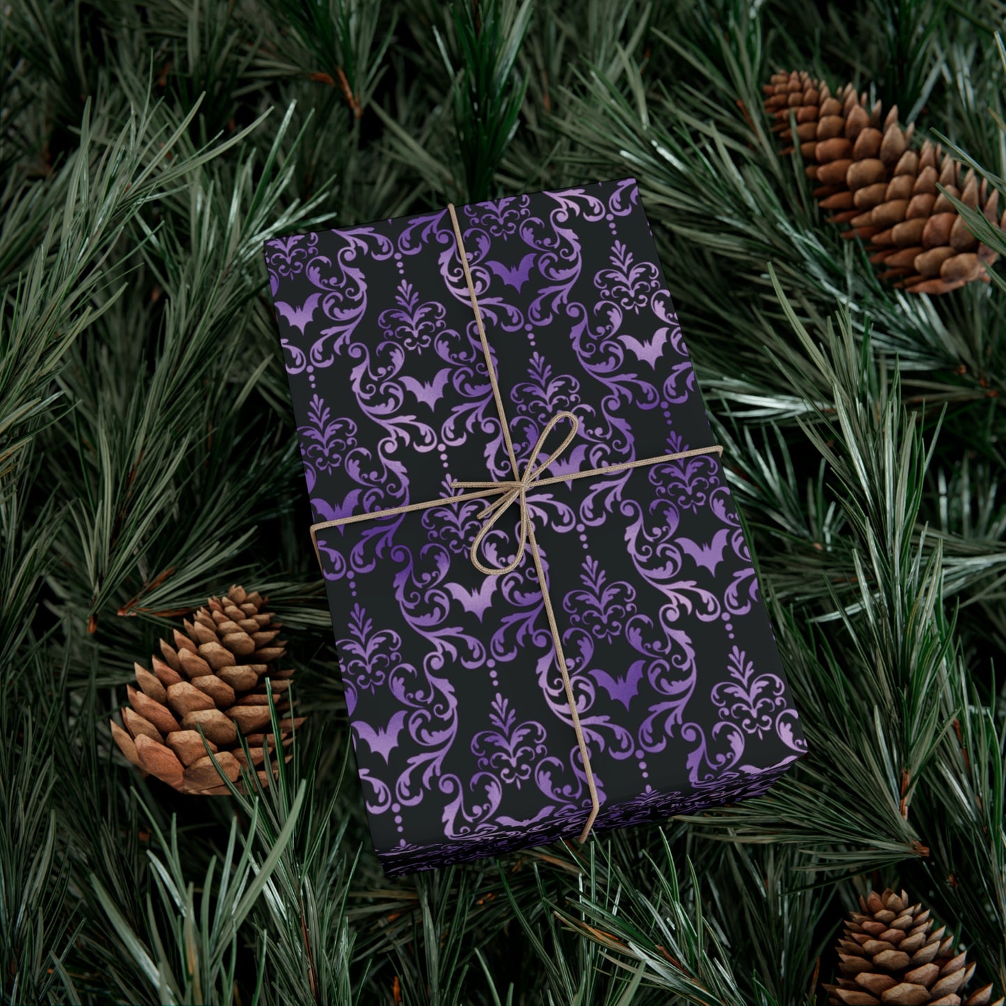 Purple Damask Bats, Victorian Goth Inspired, Dark Academia Goth Christmas & Creepmas Glam Goth Black Gift Wrap Paper