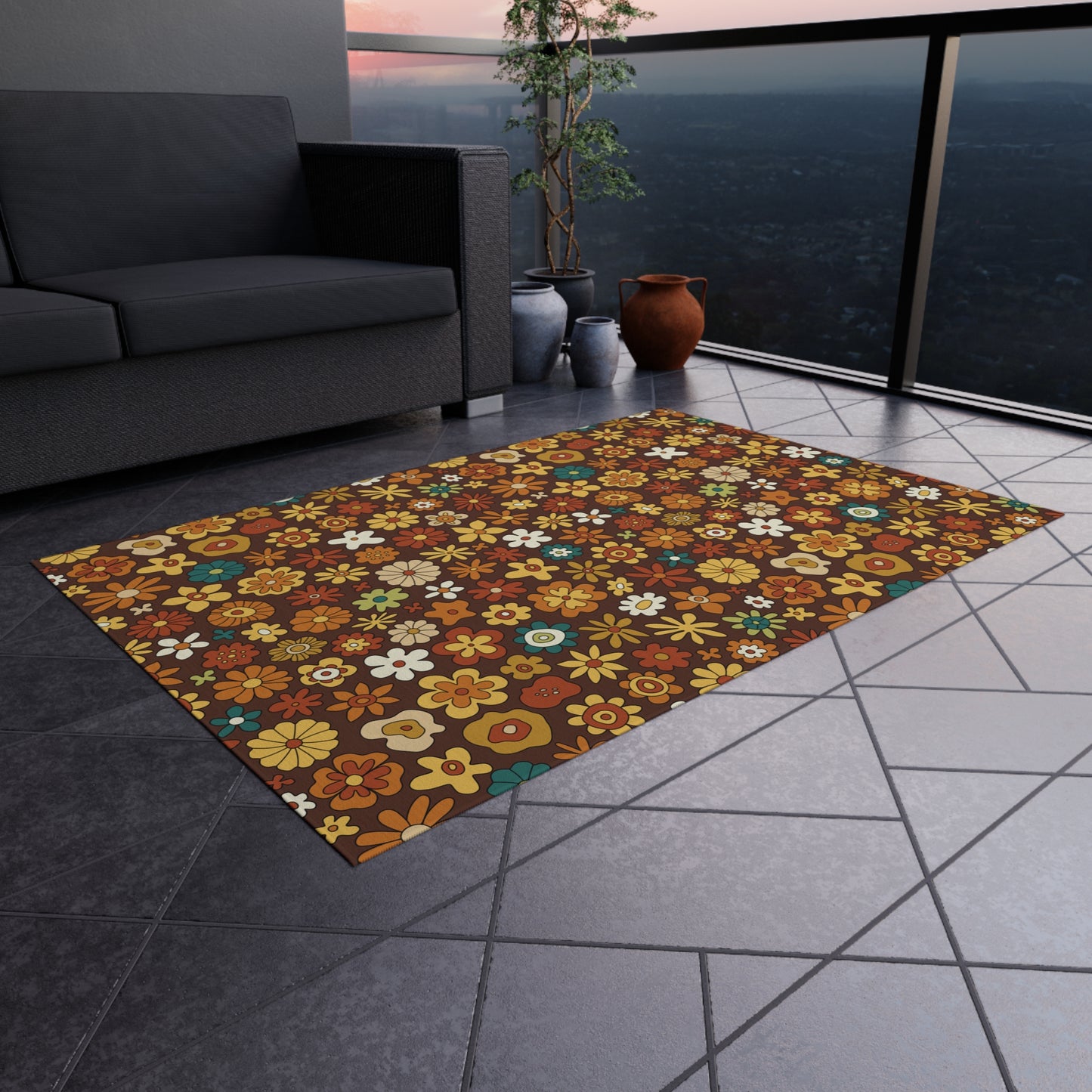 Retro 60s 70s Groovy Floral Mid Century Modern Brown Boho Anti-Slip Indoor/Outdoor Rug