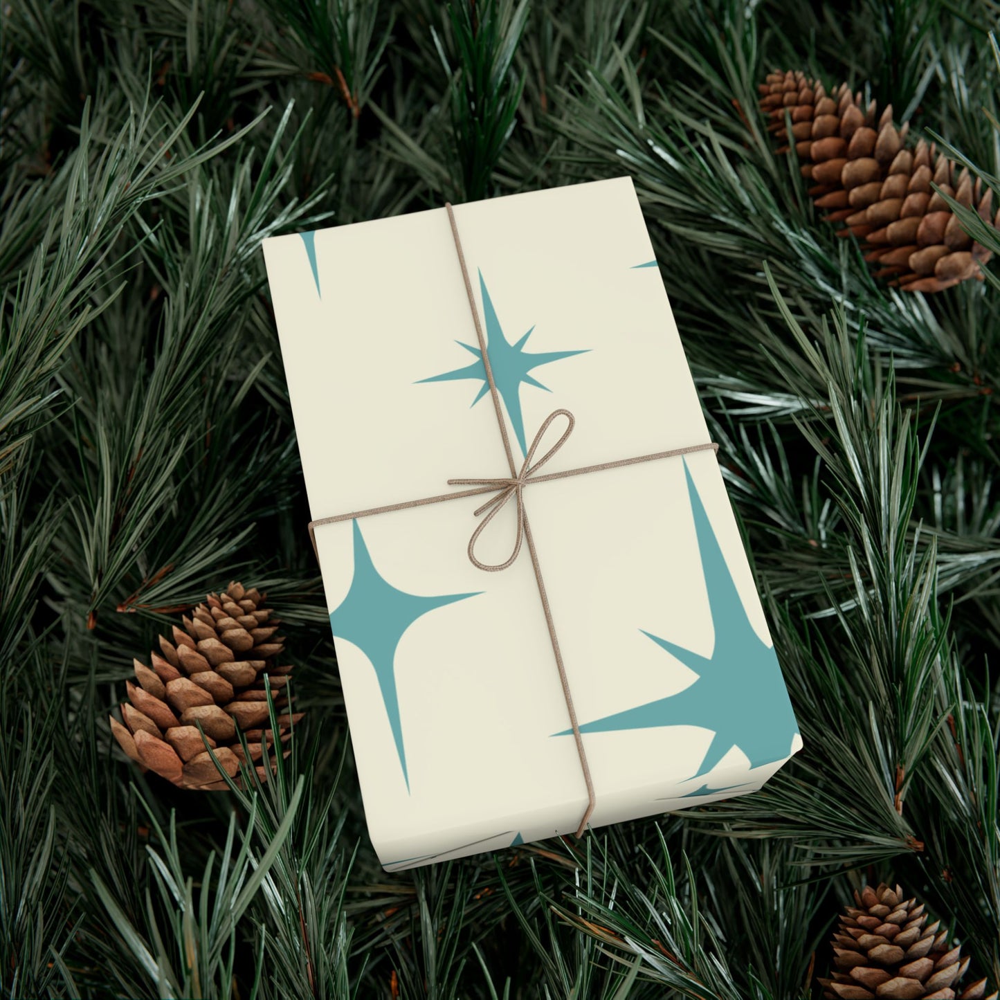 Large Starburst Version of Retro Atomic Starburst MCM Off-White & Blue Gift Wrapping Paper