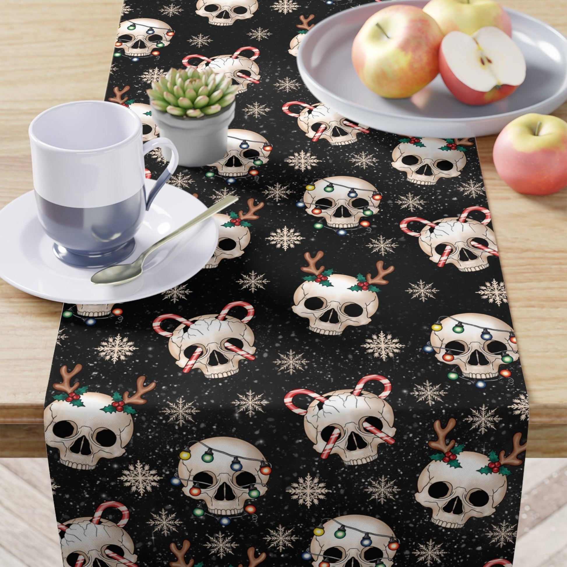 Goth Christmas Skull, Kitschy Creepmas Whimsical Gothmas, Black Holiday Table Runner | lovevisionkarma.com