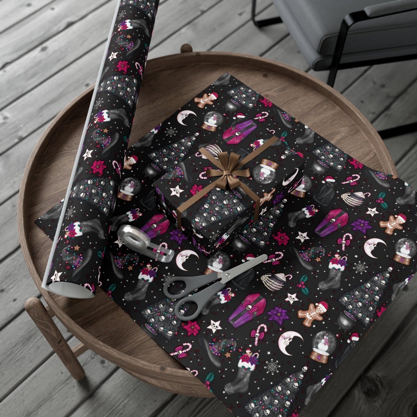 Kitschy Goth Christmas, Creepmas Whimsigoth Black Eco-friendly Gift Wrap | lovevisionkarma.com