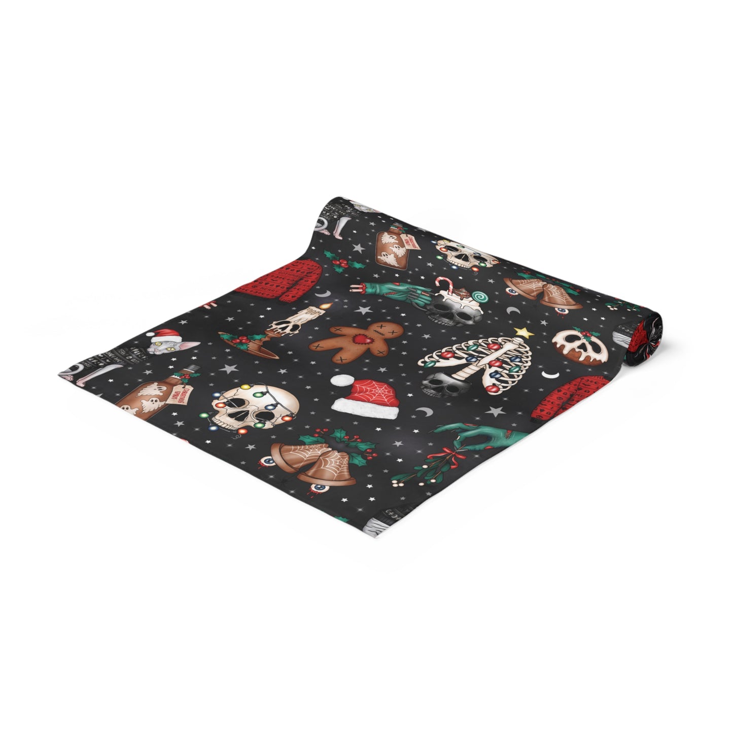 Kitschy Kawaii Goth Christmas, Creepy Cute Whimsigoth Creepmas Black Table Runner