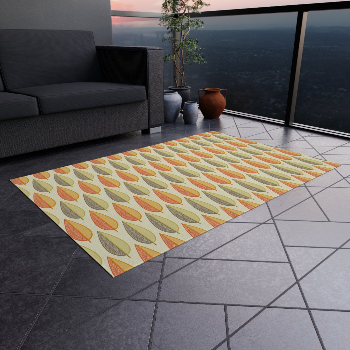 Retro 60s Mid Century Modern Leaves Orange, Green & Cream Indoor/Outdoor Accent Rug