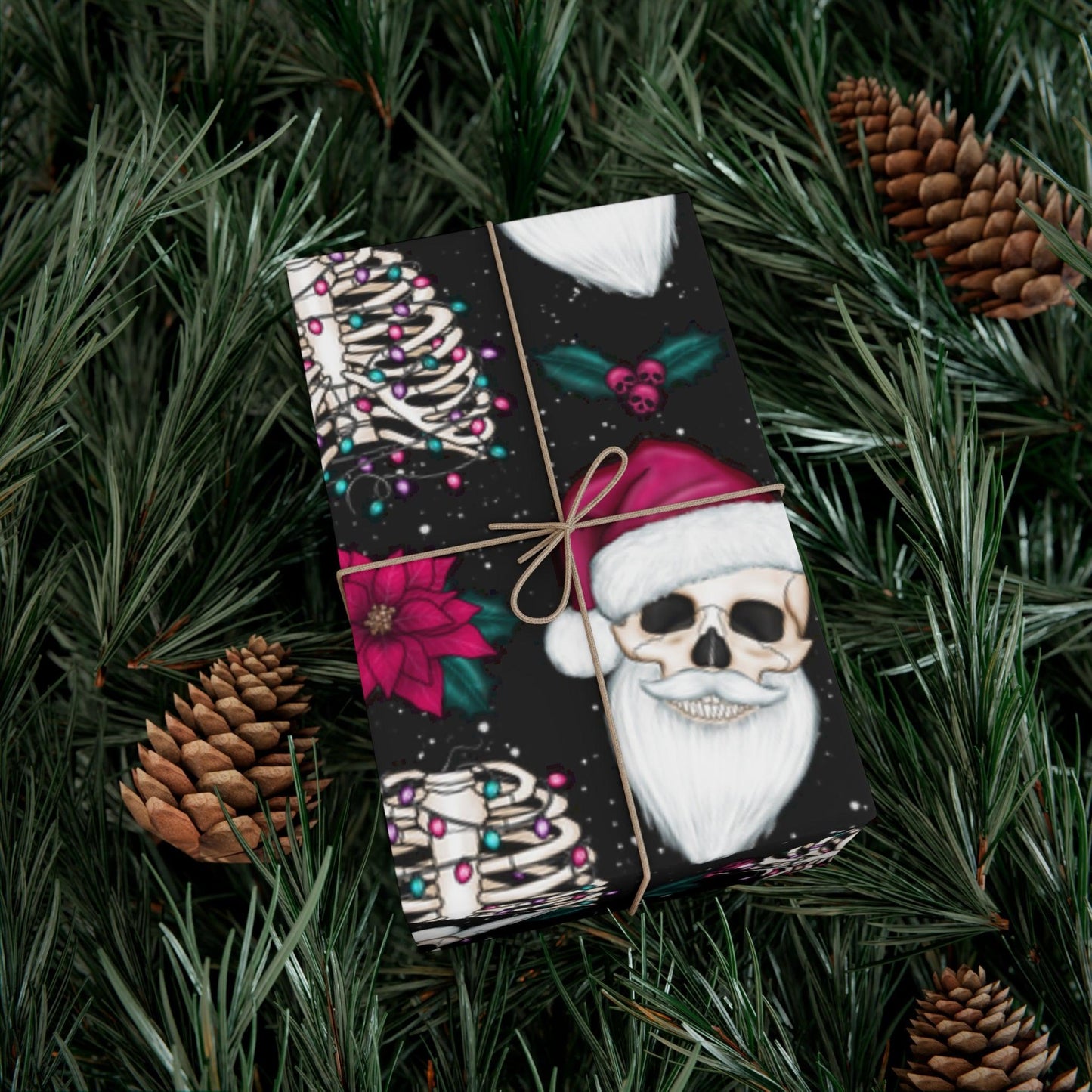 Santa Skull Goth Christmas Eco-Friendly Black Wrapping Paper, Kitschy Creepmas Whimsigoth | lovevisionkarma.com