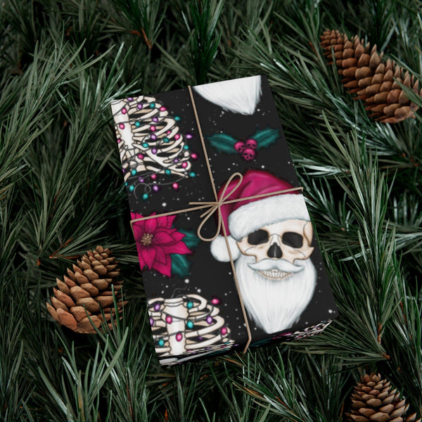 Santa Skull Goth Christmas Eco-Friendly Black Wrapping Paper, Kitschy Creepmas Whimsigoth | lovevisionkarma.com