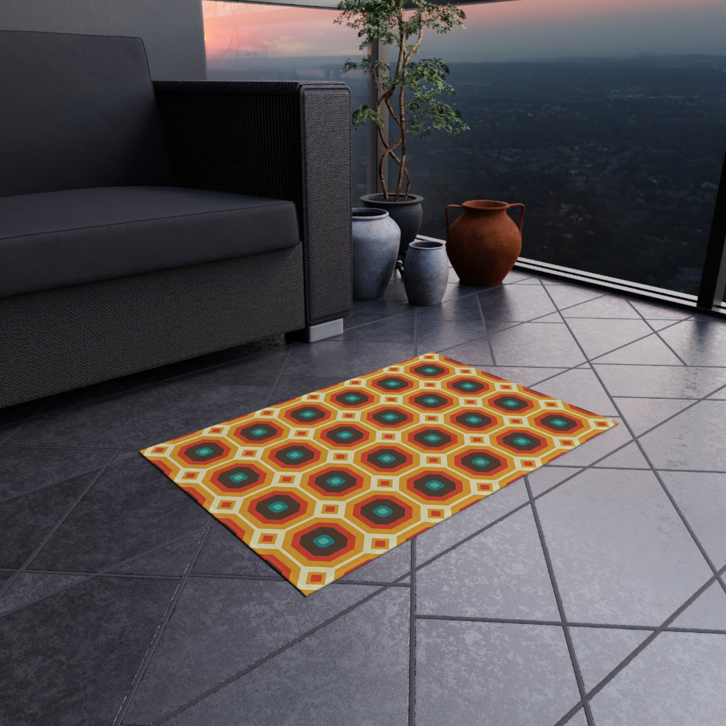 Retro 60s 70s Funky Mod Square Mid Century Geo Brown & Orange Anti-Slip Indoor/Outdoor Accent Rug