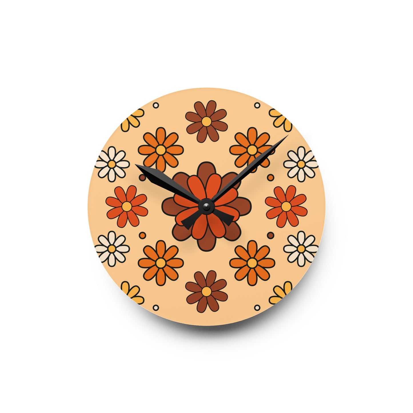 Retro 60s 70s Groovy Mod Daisy Floral Mid Century Orange & Brown Acrylic Wall Clock