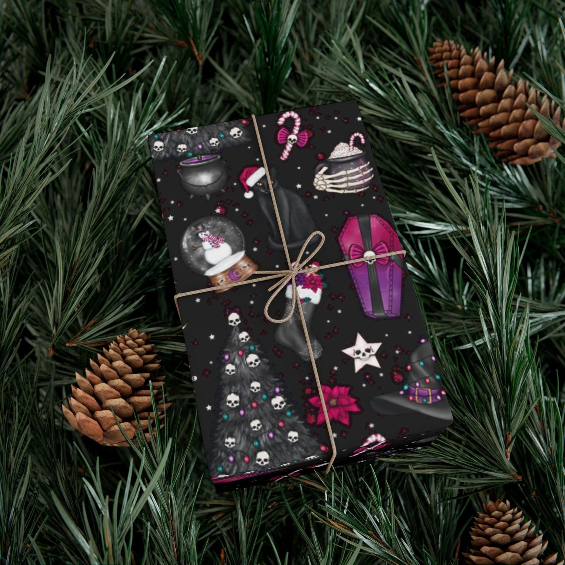 Kitschy Goth Christmas, Creepmas Whimsigoth Black Eco-friendly Gift Wrap | lovevisionkarma.com