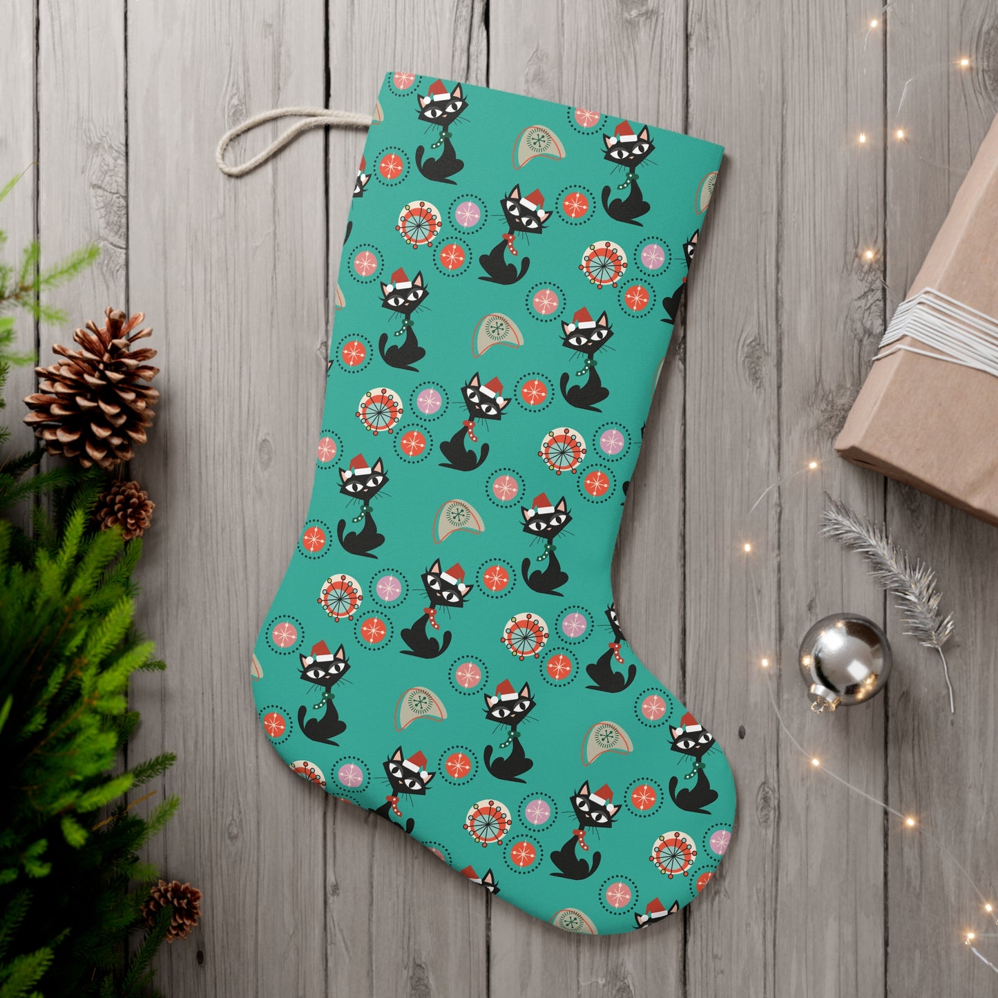 Retro 50s Christmas Atomic Cat Mid Century Modern Teal Blue Stocking