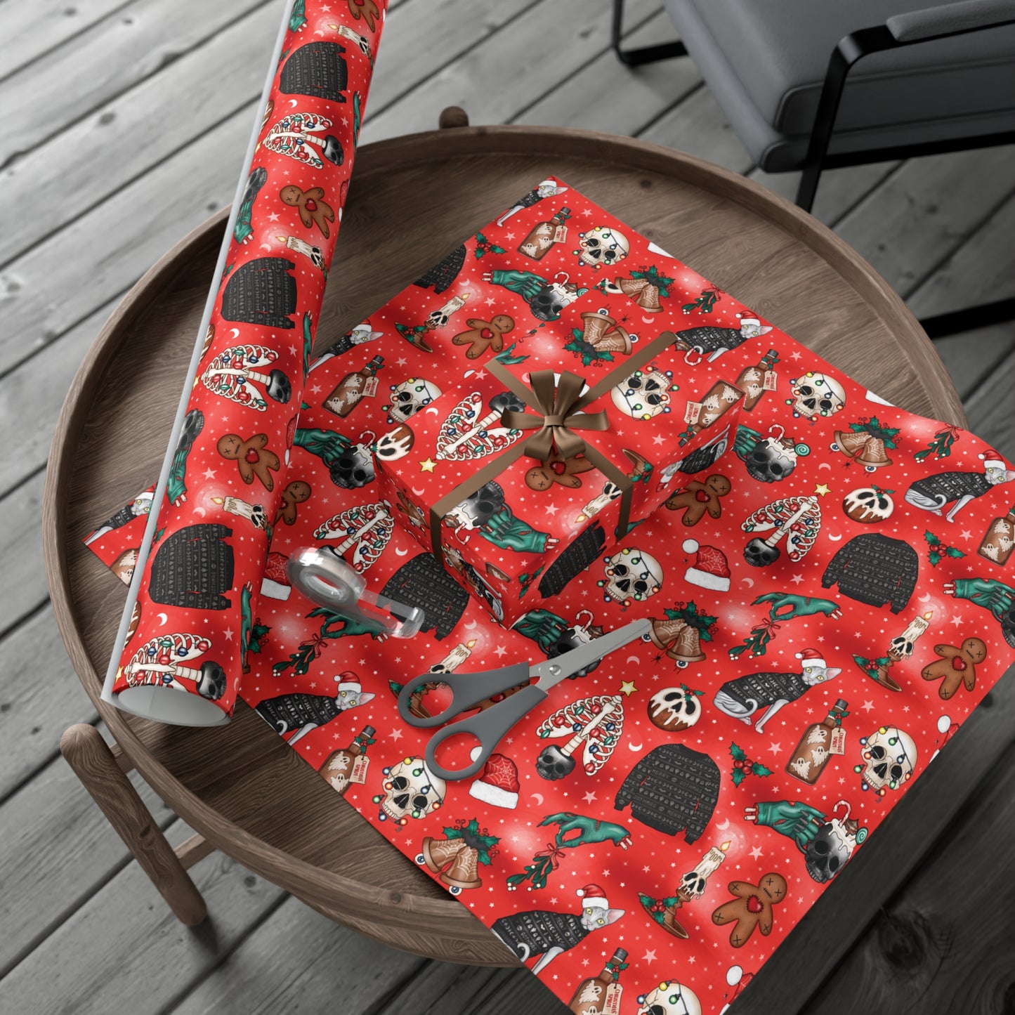 Goth Christmas Kitsch Skulls, Cats & Zombie Hands Red Eco-Friendly Gift Wrap Paper