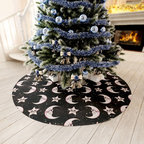 Goth Christmas Celestial Moon & Stars, Whimsical Kawaii Creepmas Black Round Tree Skirt