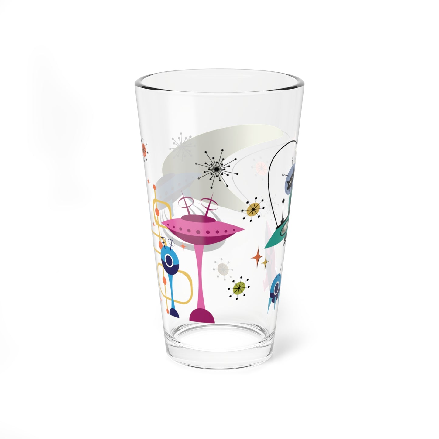 Retro 50s Space Age Atomic Black Cat, Boomerang & Spaceship MCM Multicolor Pint Glass