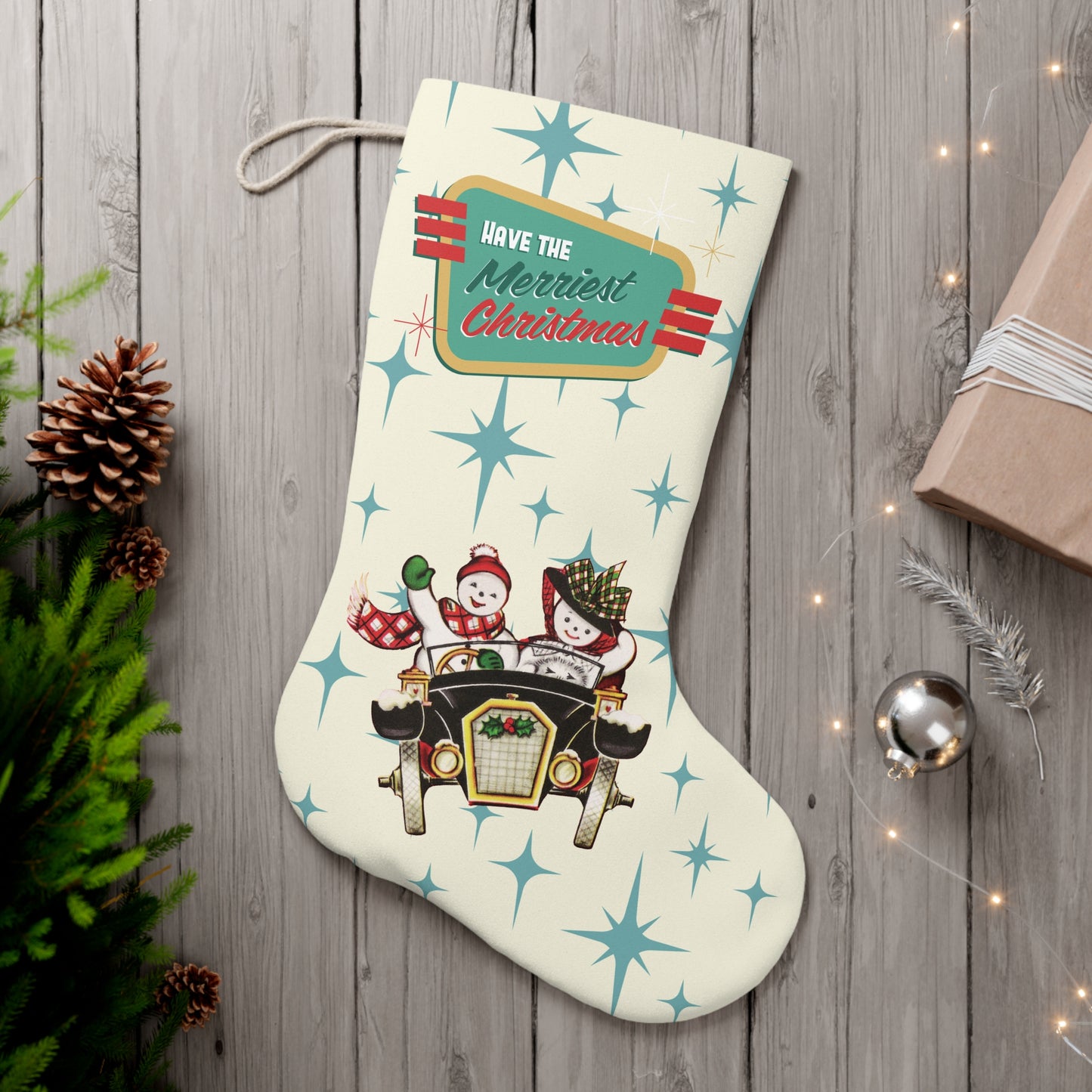 Retro 50s Vintage Snowman Couple, Atomic Starburst Mid Century Cream & Blue Christmas Stocking