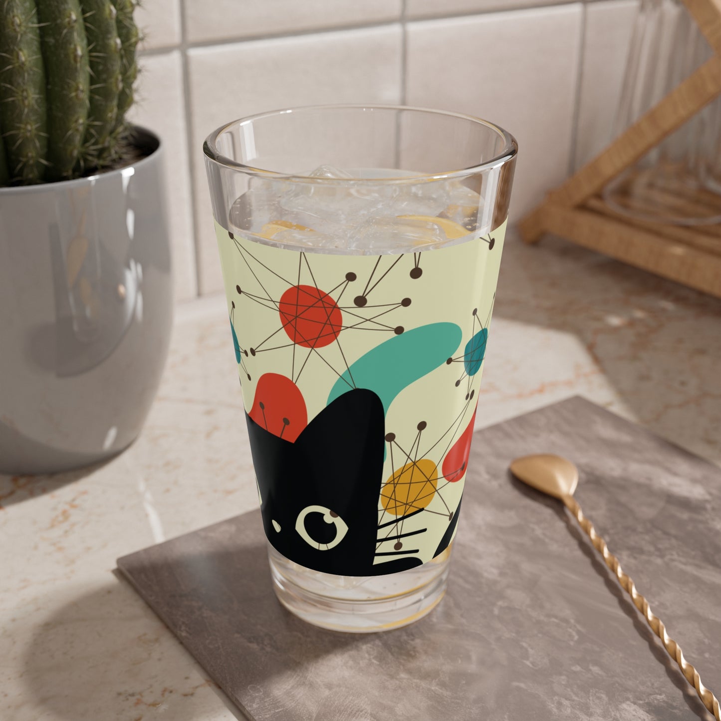 Retro 50s Atomic Black Cat and Boomerangs Mid Century Mod Multicolor Pint Glass