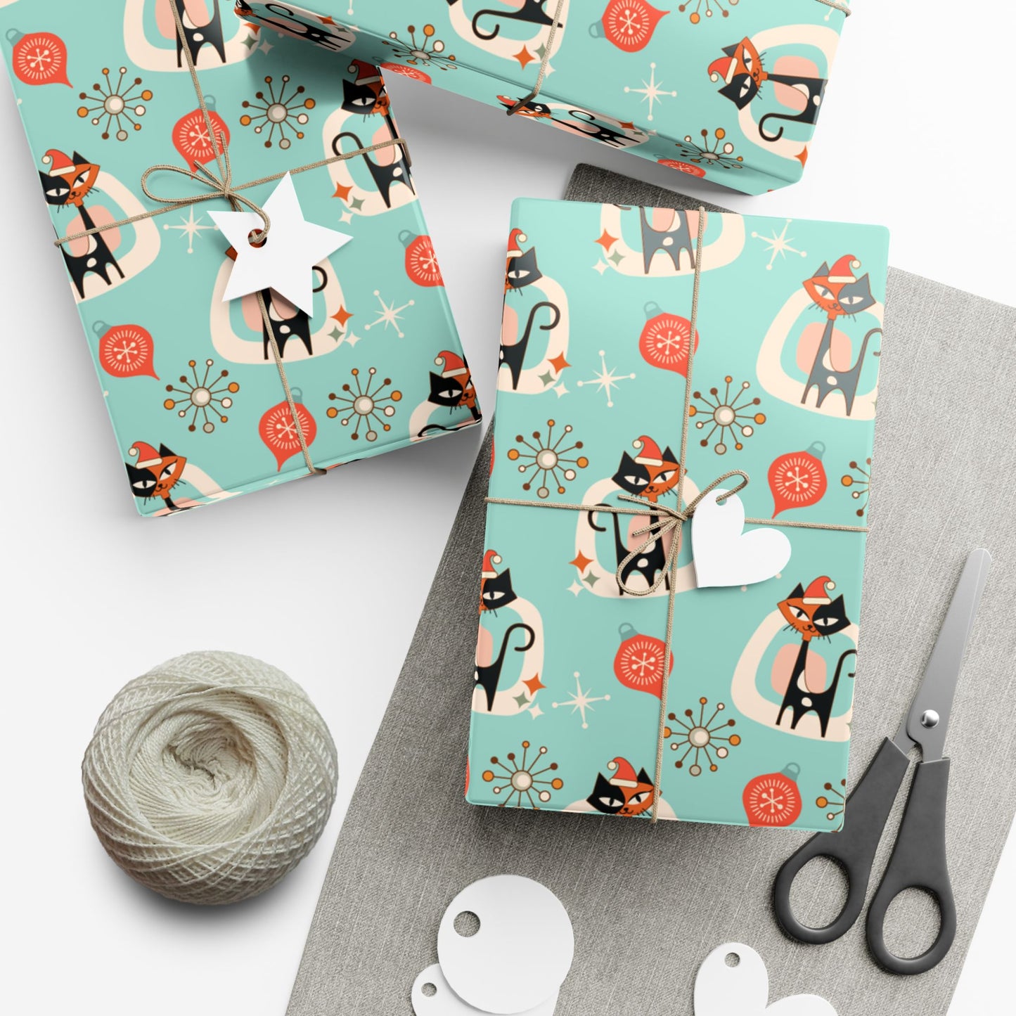 Retro 50's Atomic Cat & Starbursts Kitschy Christmas Mid Century Modern Blue Eco-Friendly Wrapping Paper