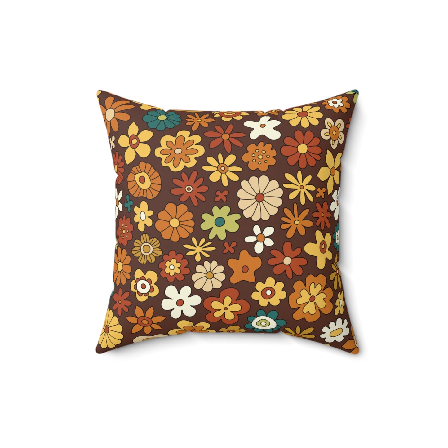 Retro 60s 70s Groovy Floral Mid Century Modern Boho Brown Throw Pillow