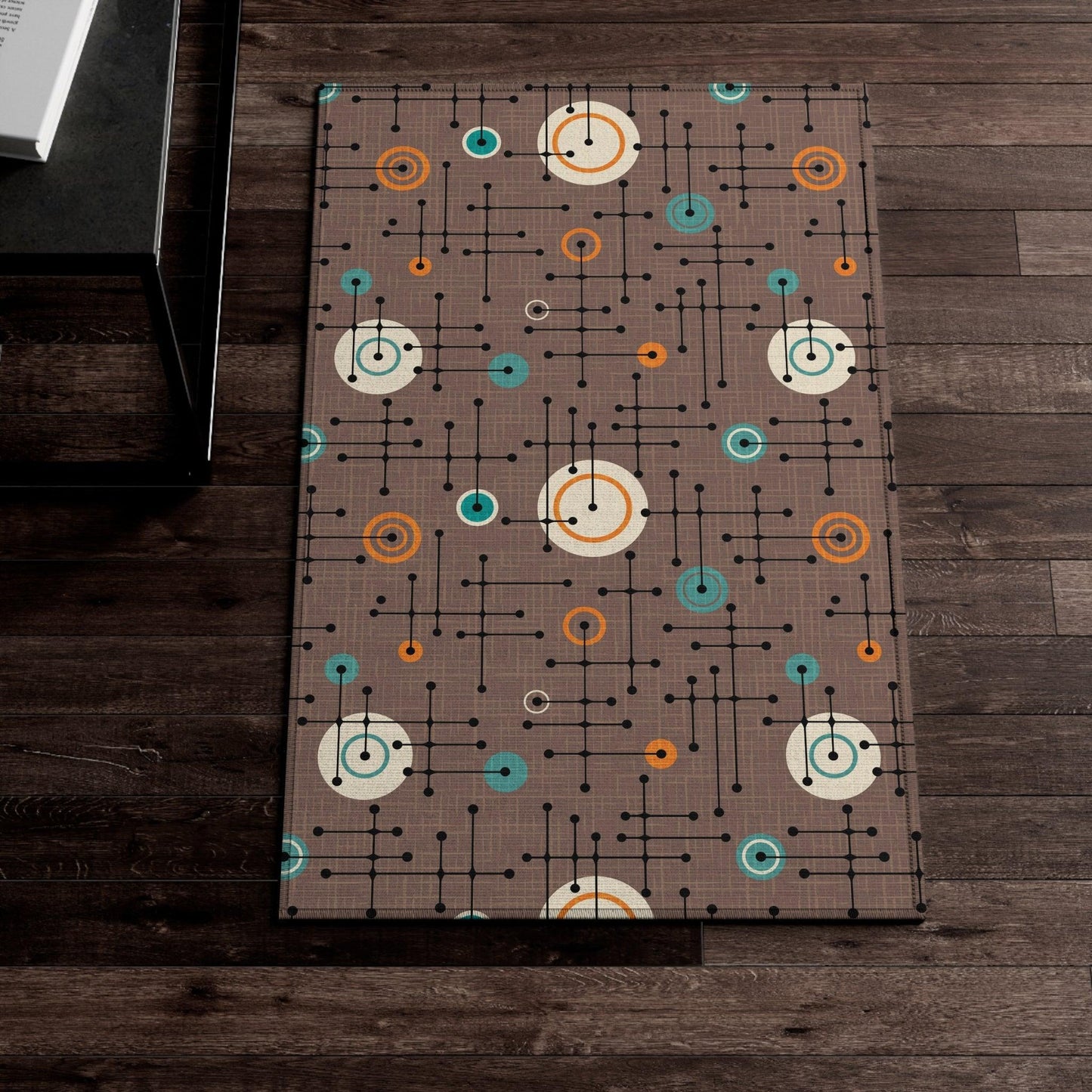 Retro Mid Century Eames Inspired Lines and Circles Brown Anti-Slip Accent Rug | lovevisionkarma.com