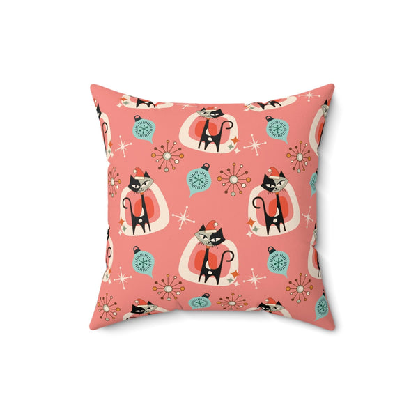 Retro 1950s Christmas Atomic Cats Mid Century Mod Pink Coral Throw Pillow | lovevisionkarma.com