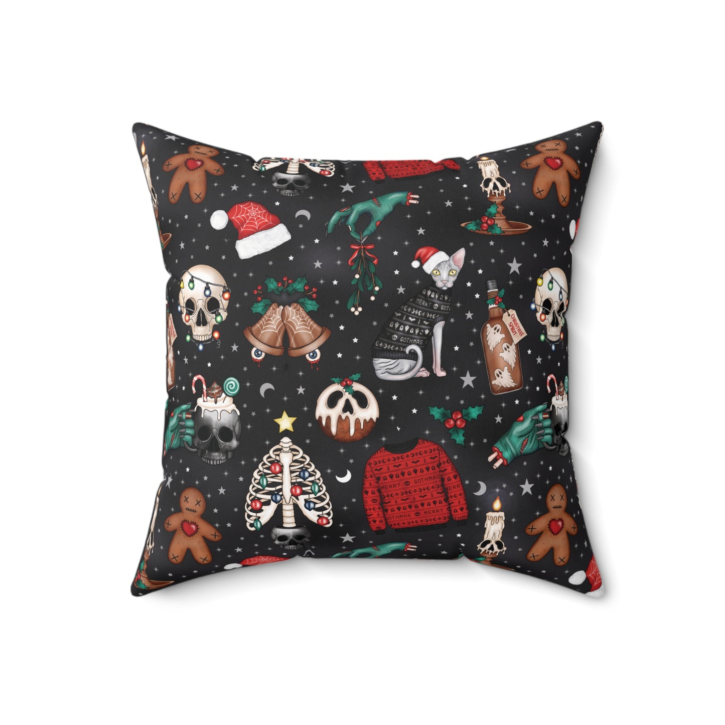 Kitschy Kawaii Goth Christmas, Creepy Cute Whimsigoth Black Creepmas Accent Pillow