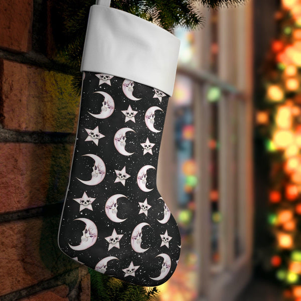 Goth Christmas Skull Stars and Moons Celestial Creepmas Black Holiday Stocking | lovevisionkarma.com