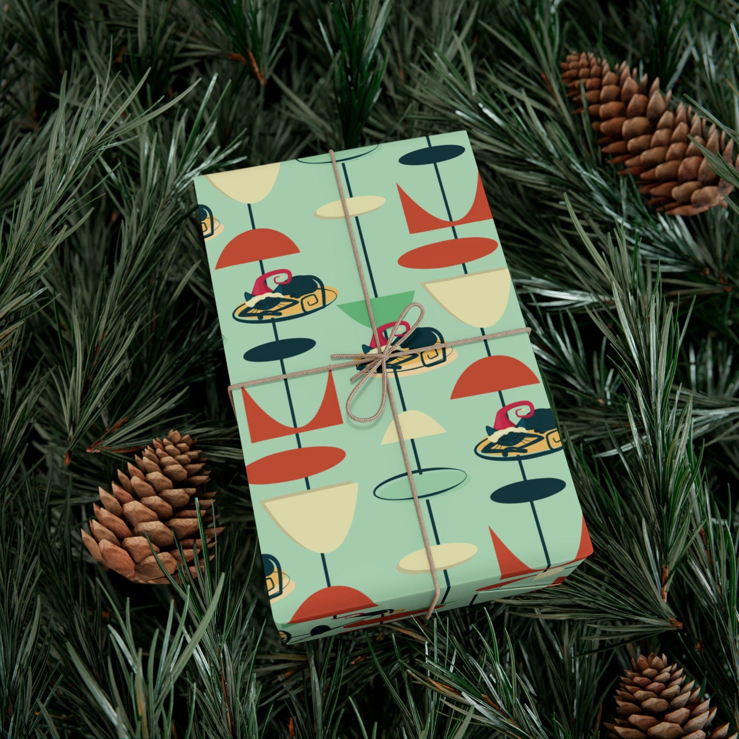 Retro 50's Atomic Cat Christmas Kitschy Mid Century Modern Green Eco-Friendly Wrapping Paper