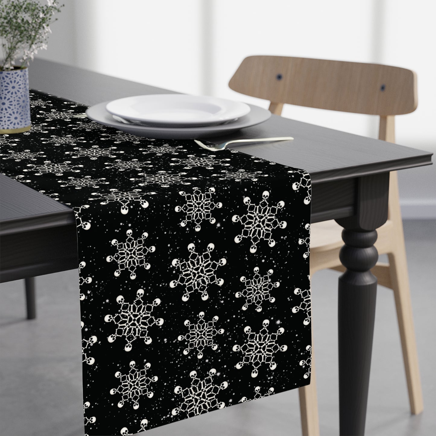 Goth Christmas Skull Snowflakes Creepmas Black Holiday Table Runner