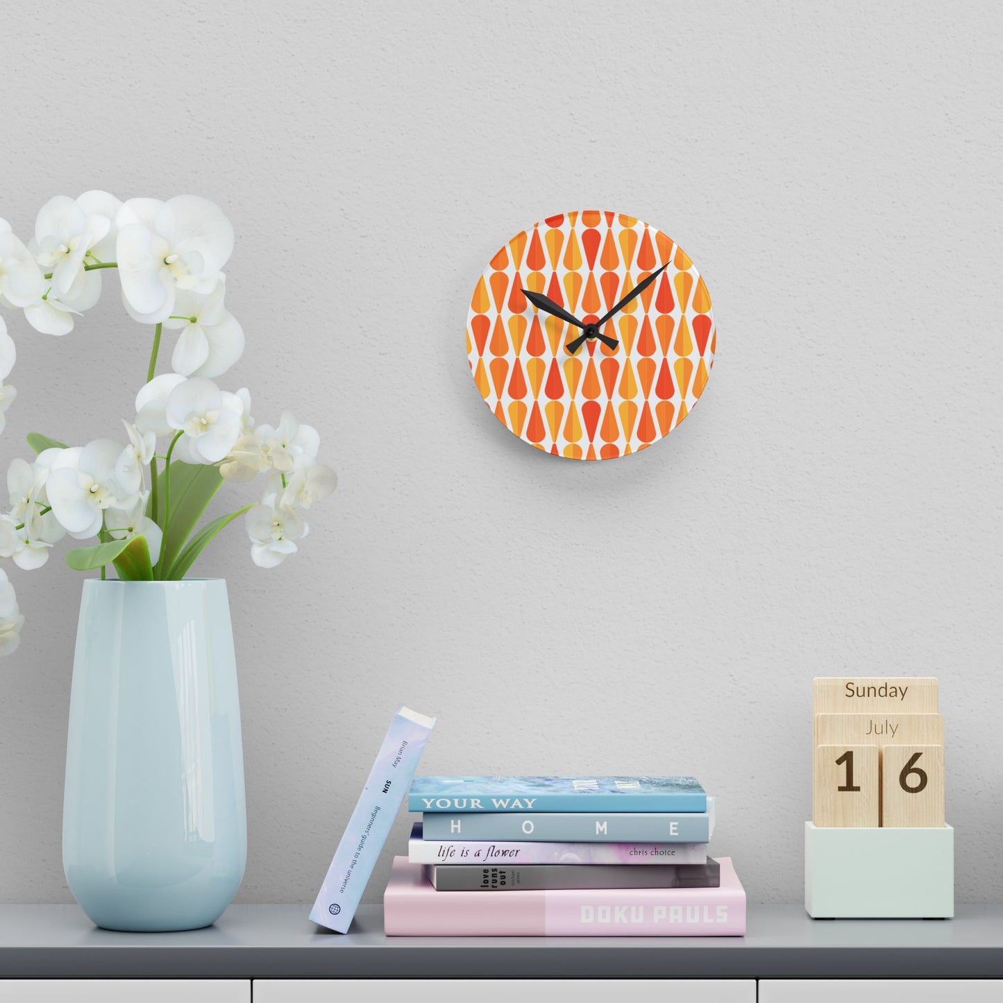 Retro 60s 70s Mid Century Modern Geometric Orange and Yellow Acrylic Wall Clock