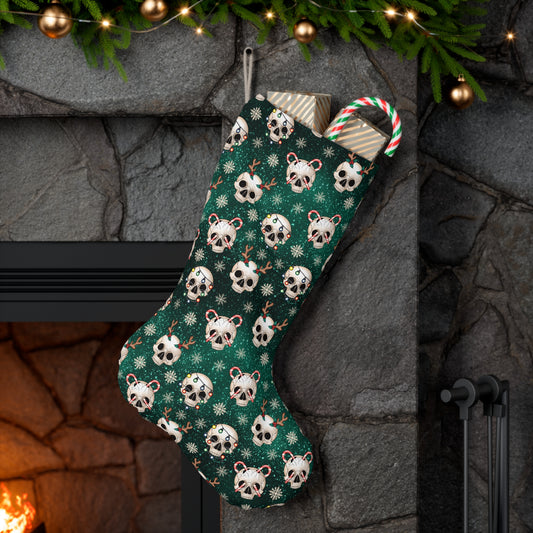 Goth Christmas Festive Skulls, Kitschy Creepmas Green Holiday Stocking