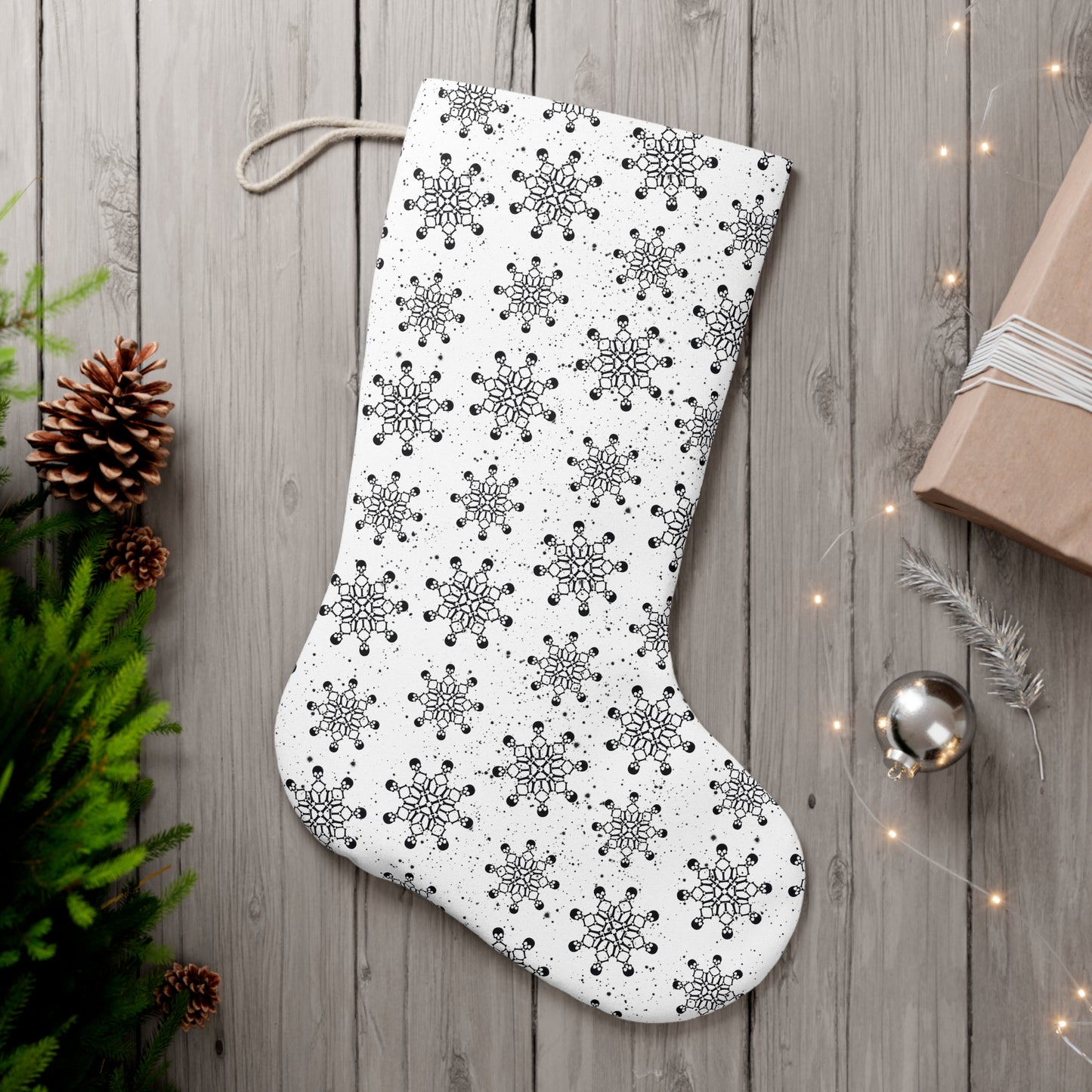 Goth Christmas Creepy Skull Snowflake, Scary Creepmas White Holiday Stocking