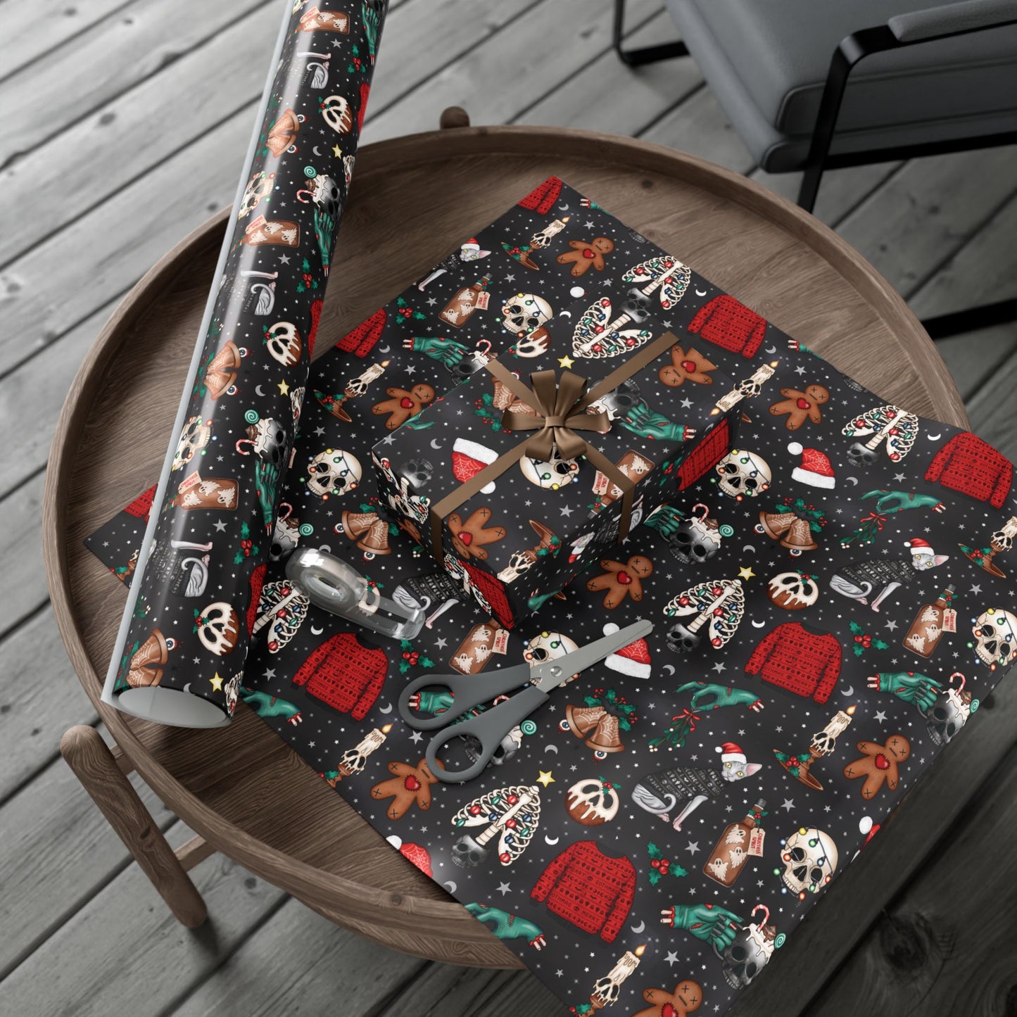 Kitschy Kawaii Goth Christmas, Creepy Cute Whimsigoth Creepmas Black Eco-Friendly Gift Wrap Paper