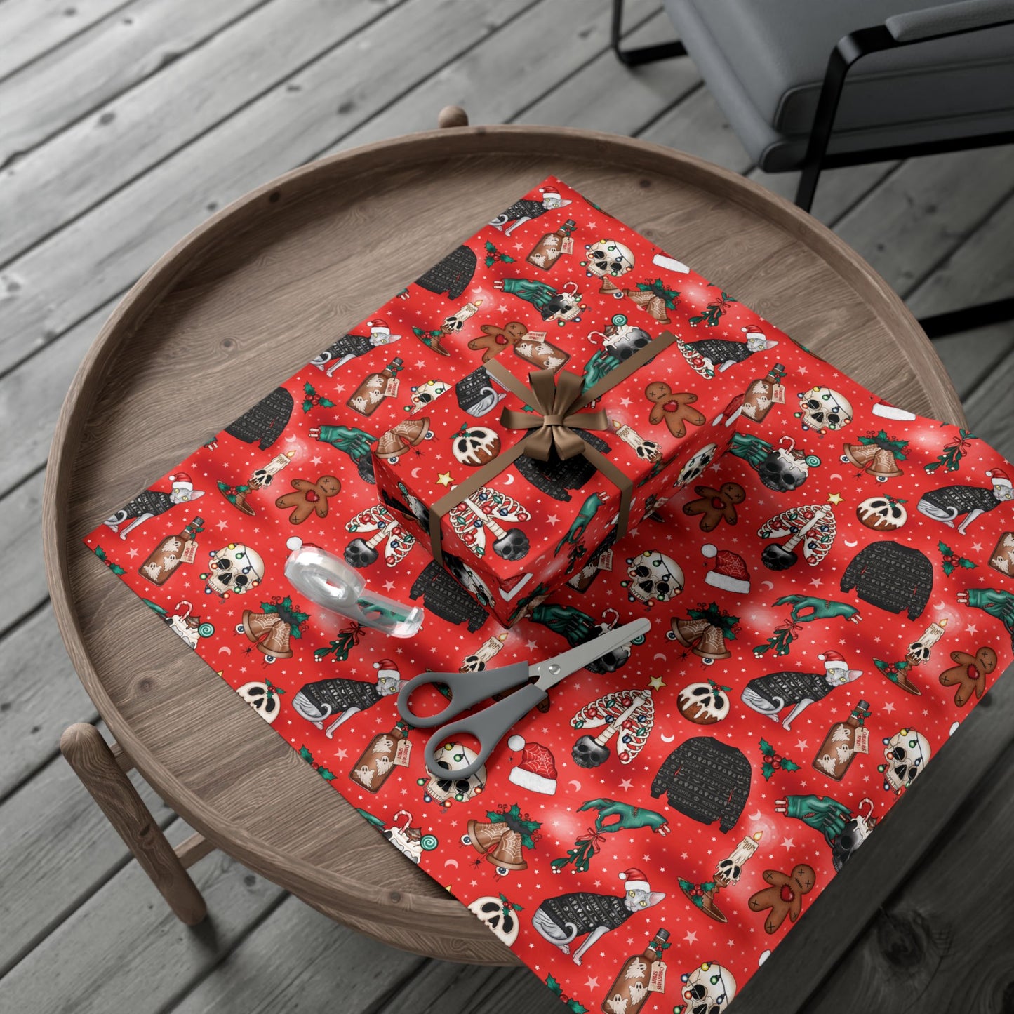Goth Christmas Kitsch Skulls, Cats & Zombie Hands Red Eco-Friendly Gift Wrap Paper
