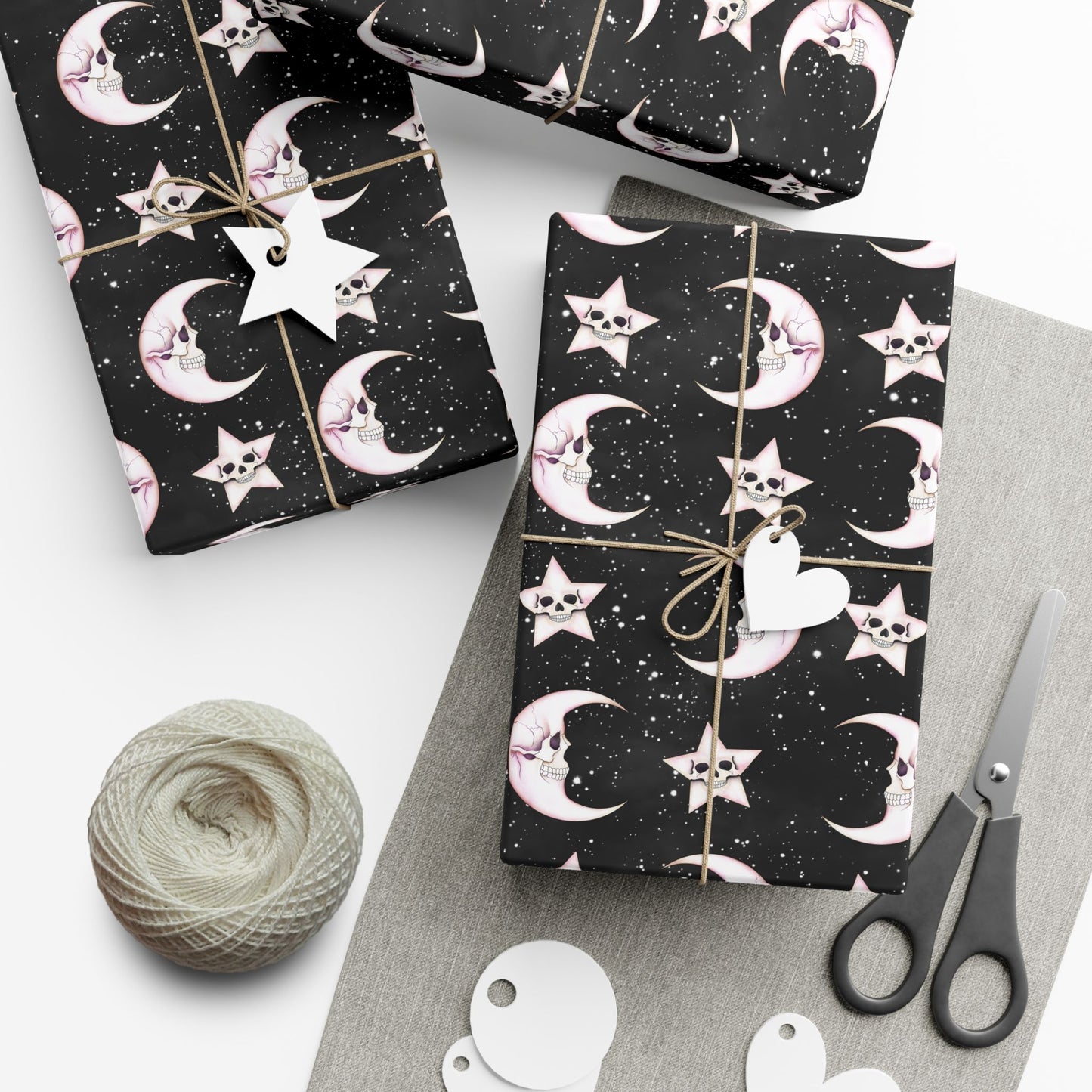 Goth Christmas Celestial Moon & Stars, Whimsical Kawaii Creepmas Black Eco-Friendly Gift Wrap