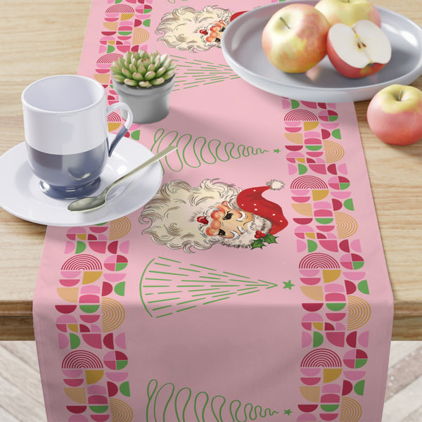 Vintage Santa Retro MCM Pink Christmas Table Runner