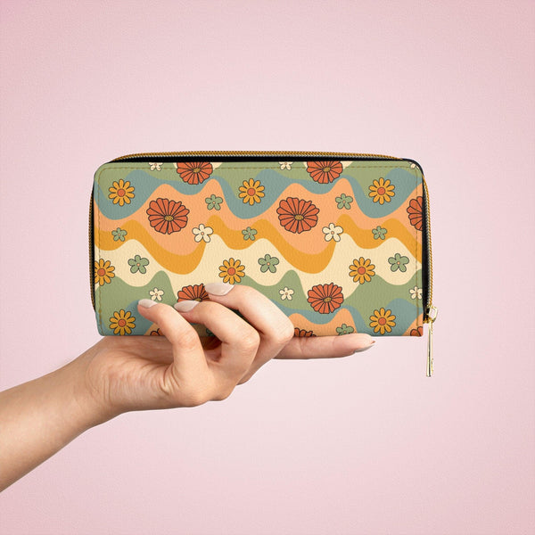 Boho Flowers and Waves Cottagecore Retro Multicolor Zipper Wallet