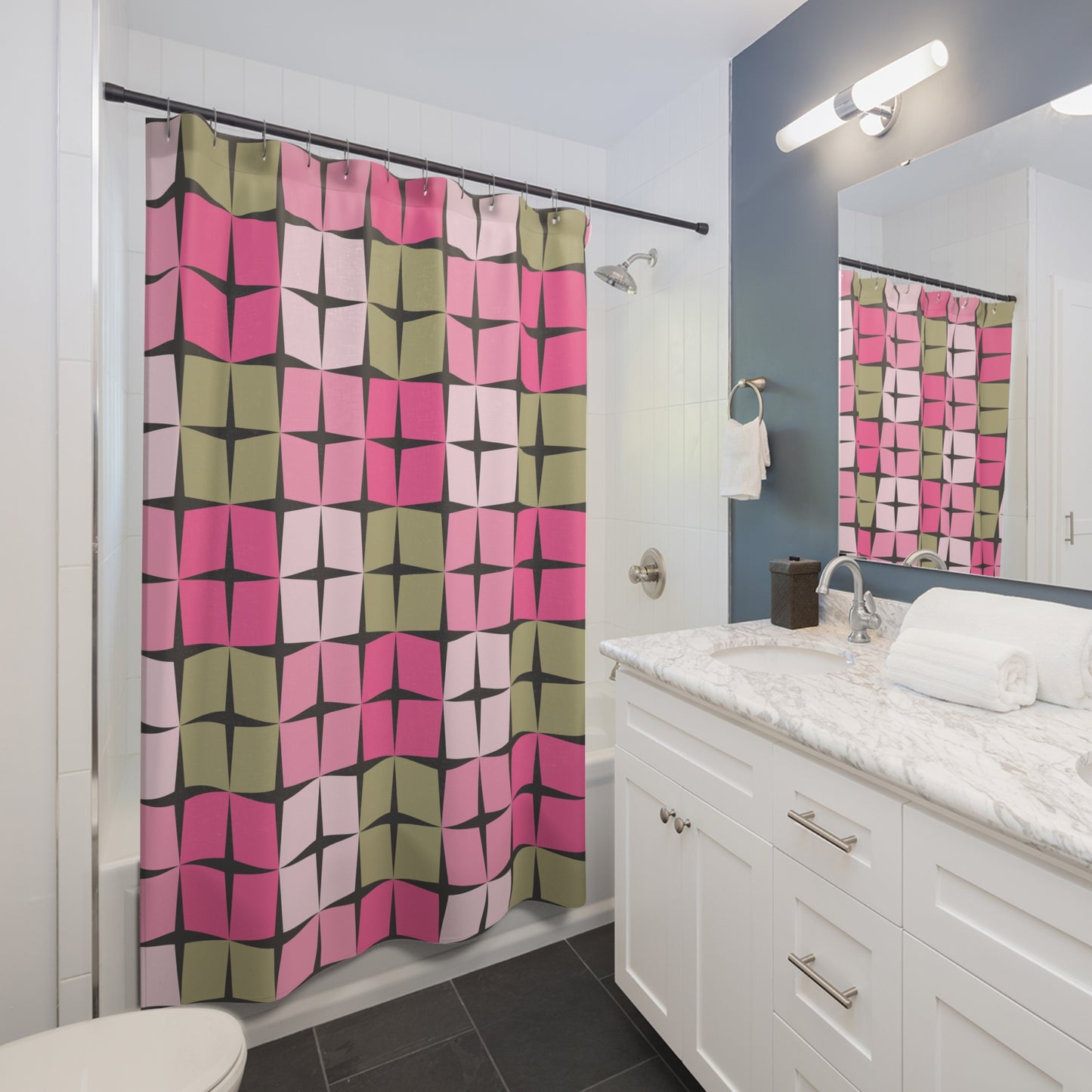 Palm Springs Inspired Retro 50s 60s Atomic Star Mid Century Mod Pink & Green Shower Curtain