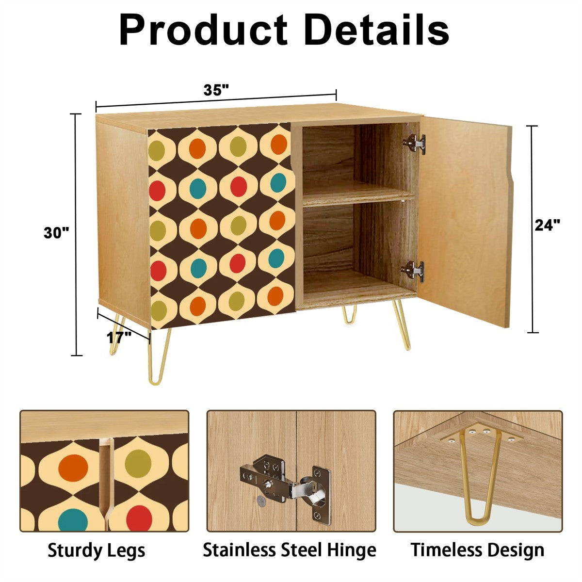 Retro 60s & 70s Geometric Mid Century Modern Mutlicolor Sideboard, Credenza, Wooden Storage Cabinet