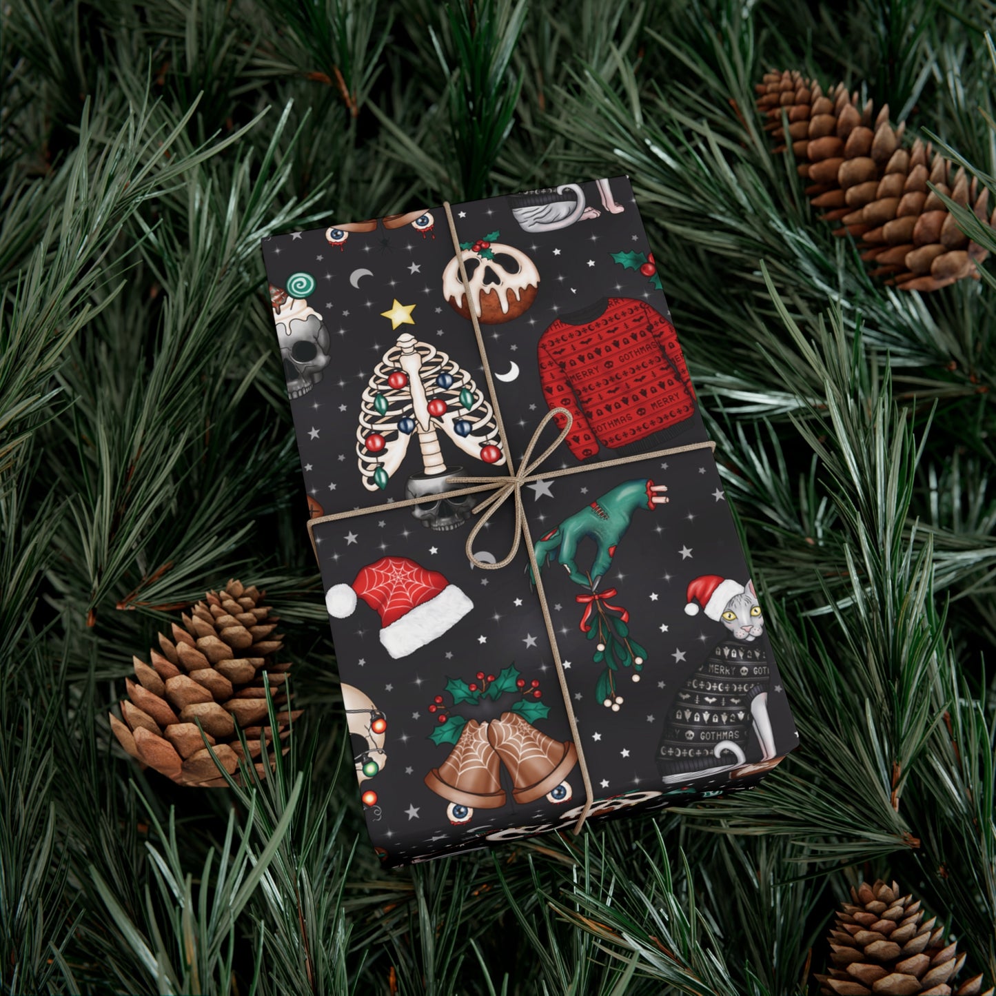 Kitschy Kawaii Goth Christmas, Creepy Cute Whimsigoth Creepmas Black Eco-Friendly Gift Wrap Paper