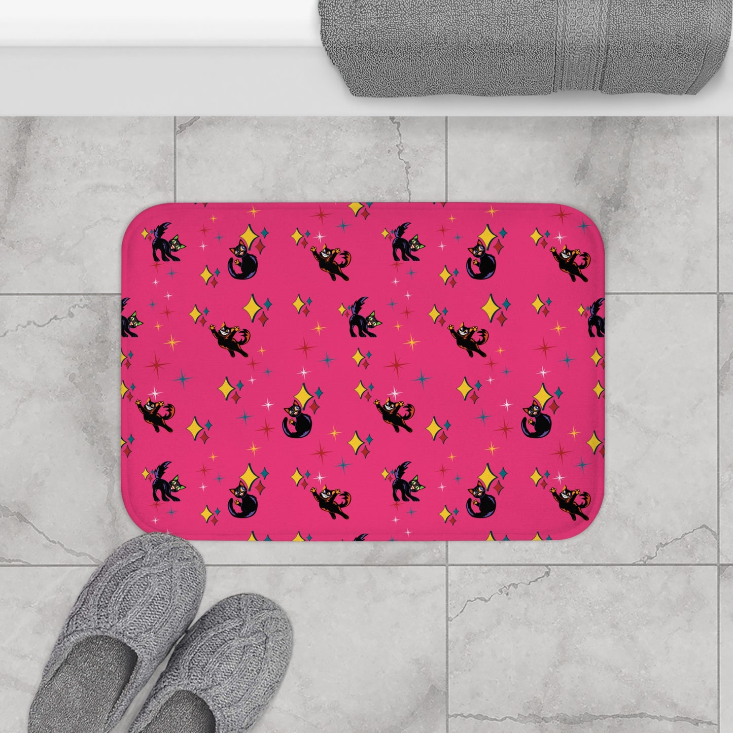 Retro Atomic Kitsch Cats Mid Century Mod Pink Bath Mat