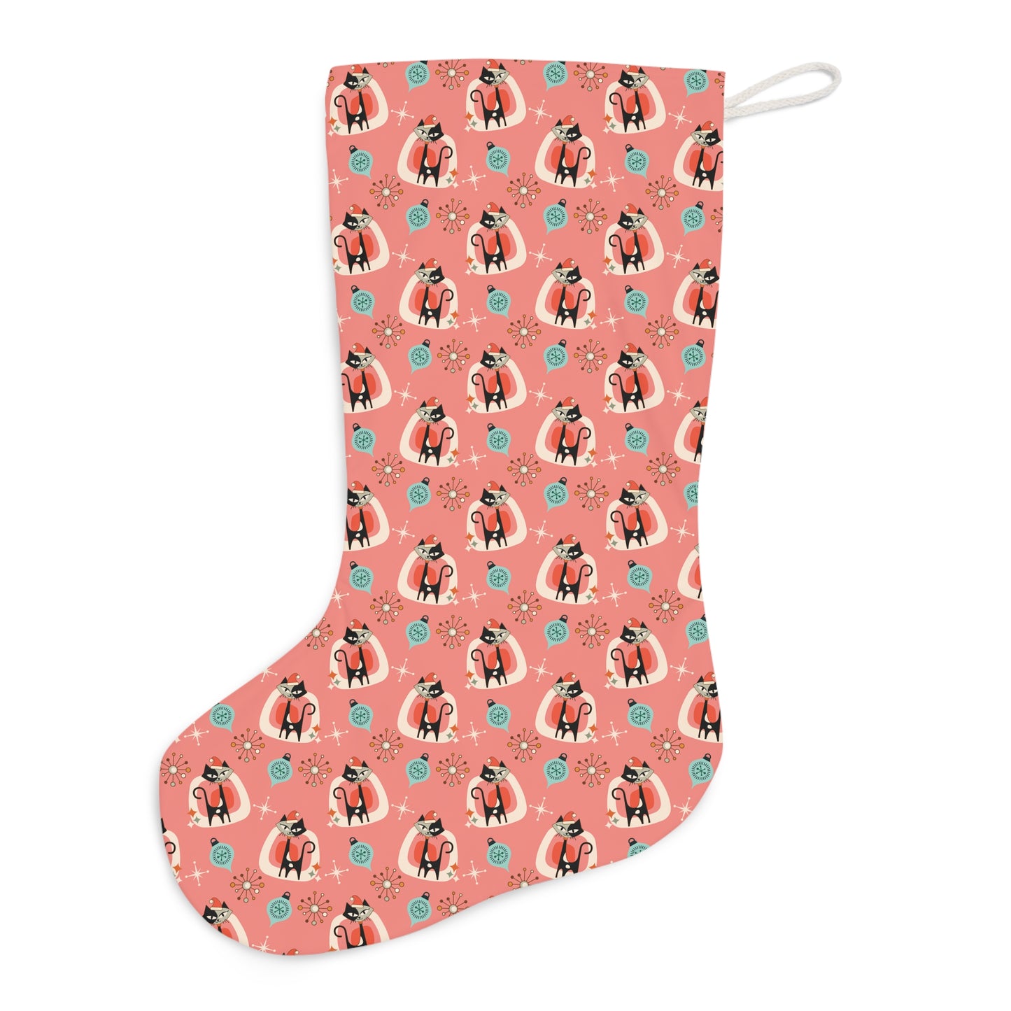 Retro 50s Atomic Cats Mid Century Mod Coral Pink Christmas Stocking